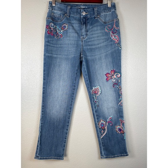 Chico's Platinum Crop Embroidered Floral Denim Jeans Women's Size 0.5 4-6 - Picture 1 of 11
